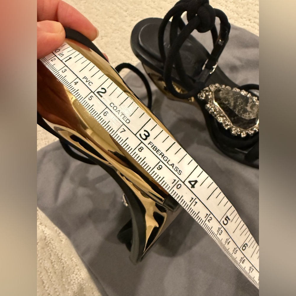 Alexander McQueen Black Suede T-Strap Wedge Sandals with Gold Sculpted Heel - Picture 15 of 15
